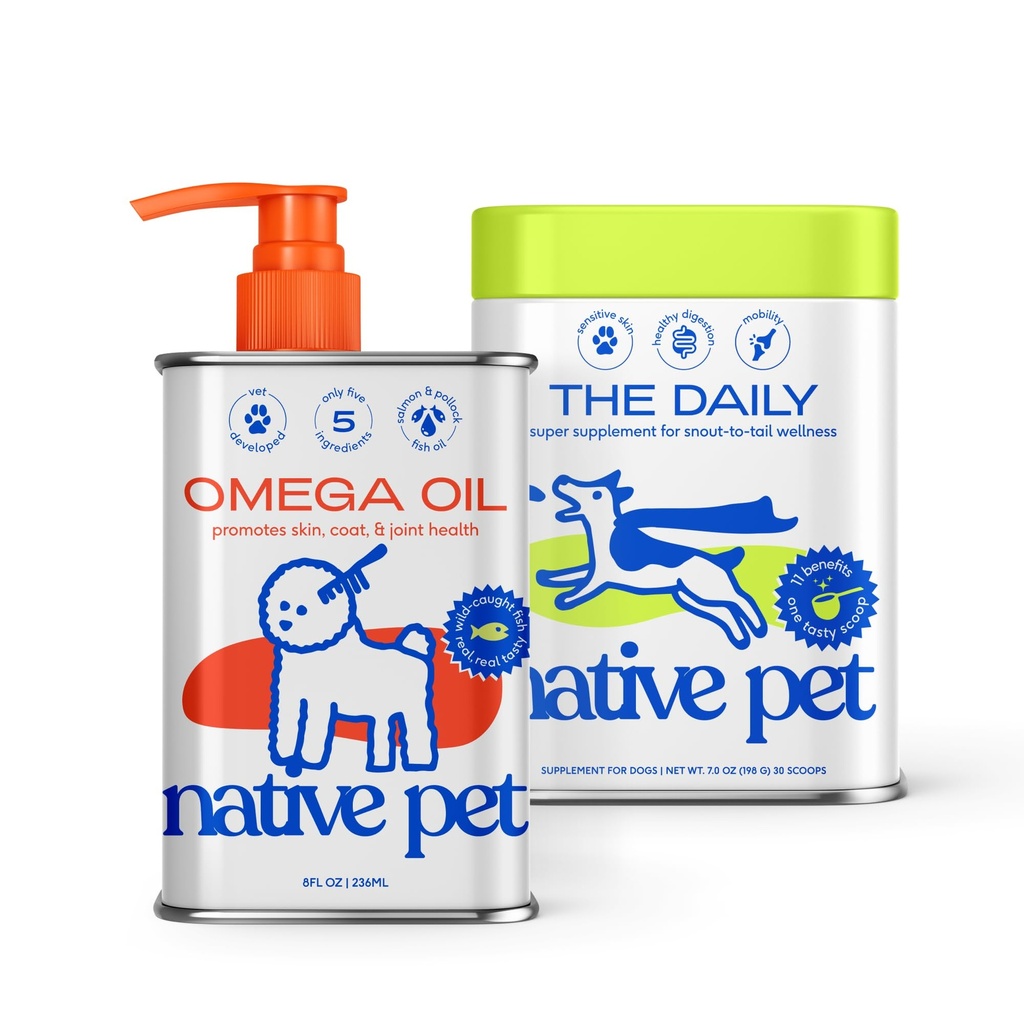 Yerli Pet Pack Liderleri (1994) - Daily Dog Multivitamin (7 oz.) & Omega Oil for Dogs (8 oz.) - Omega 3 Fish Oil for Health Skin, Shiny Coat, & Güçlü Ortaklar & Daily Multivitamin for Pups
