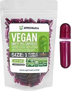 XPRS Nutra Boyutu 1 Boş Kapsüller - 100 Kont Boş Vegan Capsules - Vejetaryen Pills - DIY Sebze Kapsülü - Veggie Pill Caps for Do-It- Yourself Supplements (Purple Carrot)