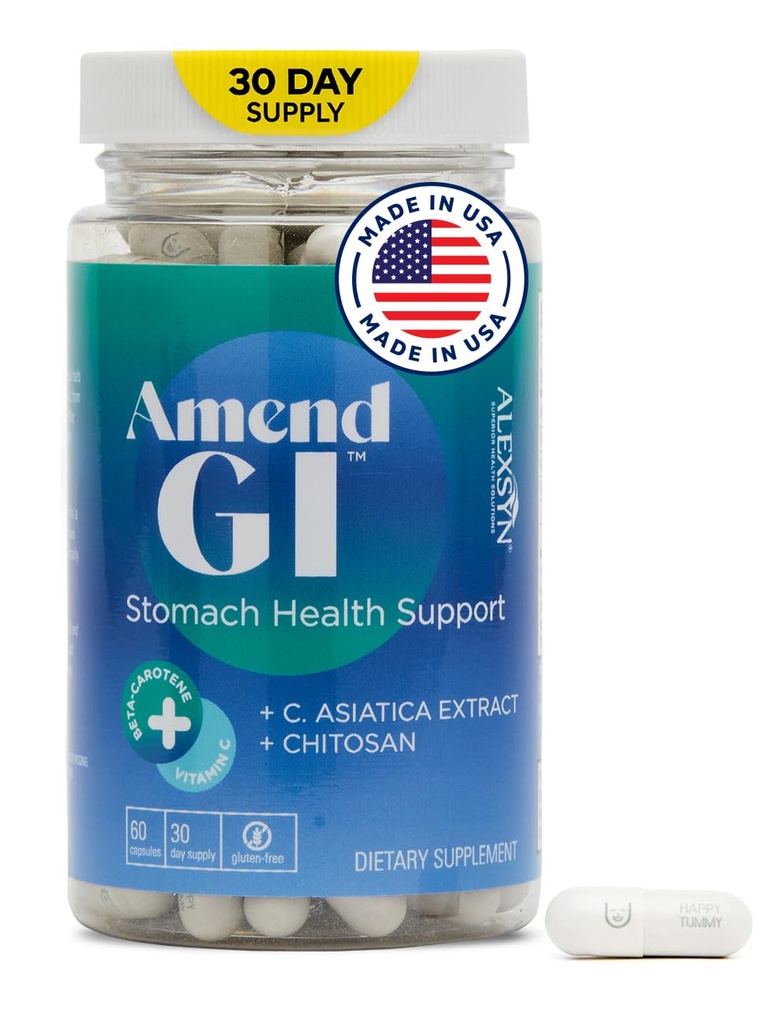 Amend GI All-Natural Stomach Health Support 60 Capsules - Stresli Ulcer Belirtileri için Nutraceutical - Asyatica Extract & CM Chitosan