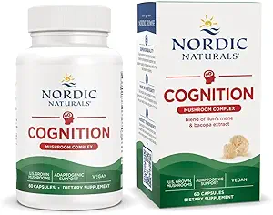 Nordic Naturals Cognition Mushroom Complex, Unflavored - 60 Κάψουλες - Εγκεφαλική, Μνήμη & Mood Υποστήριξη - Blend του Mane Mushroom & Bacopa Extract του Λέοντος - Μη ΓΤΟ - Πιστοποιημένο Vegan - 30 Υπηρεσίες