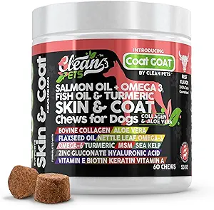 Salmon Oil Omega 3 Fish Oil for Dogs Skin and Coat Supplement | Dog Collagen Aloe Vera Biotin Keratin Flaxseed Nettle Leaf Sea Kelp Hyaluronic Acid Brewers Yeast Vitamin A - Coat Goat