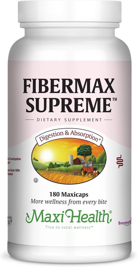 Maxi Health Fibermax Supreme – Κάψουλες Ίνες για την ευγενική πυγμή και υποστήριξη ούρων – Κτηνοτροφικές κάψουλες Psyllium Husk – Kosher Fiber συμπλήρωμα για άνδρες και γυναίκες (180 κόμης)