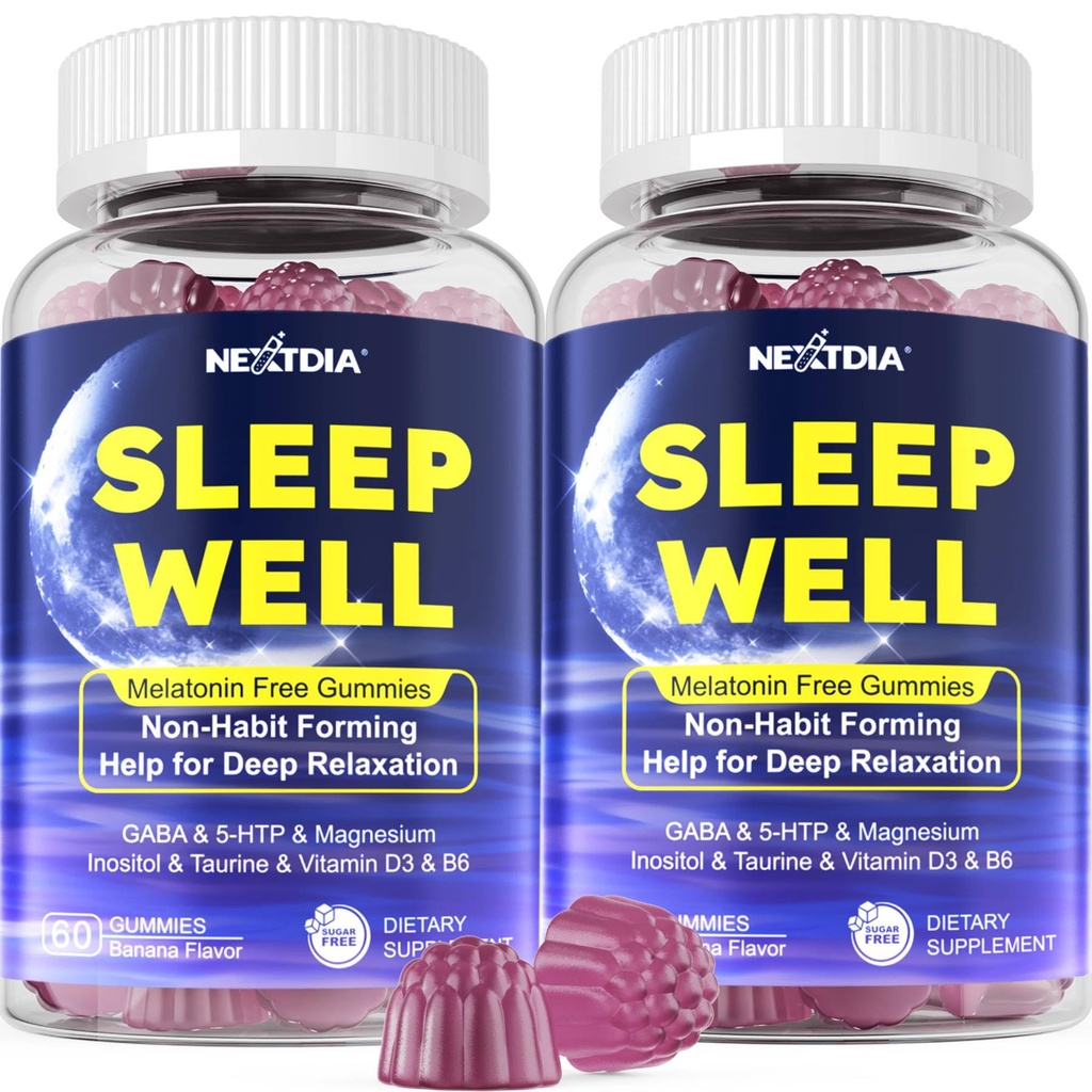 Melatonin Free Sleep Gummies with Glycinate, GABA, 5-HTP, L-Theanine, Valerian, Chamomile, Lemon Balm, Vitamin D3 & B6 - Hormon & Drug- Free