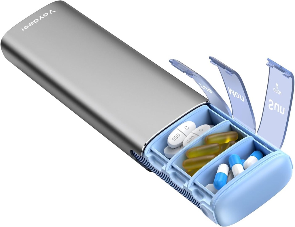 Vaydeer Metal Seyahat Pill Organizer, 7 Günlük Pill Box, Büyük Kapasite Daily Cute Pill Case for Supplements, Pills, Vitaminler ve İlaçlar (Küçük,Gray)