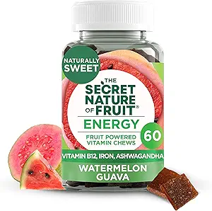 The Secret Nature of Fruit Beauty Chews, Real Fruit Powered Vitamin Chews with Vitamins A & E, Biotin, CoQ10, Φράουλα & Ρόδι για υγιή μαλλιά, δέρμα & νύχια, Gummy, (60 Count)