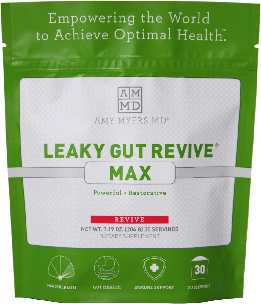 Amy Myers MD Leaky Gut Revive MAX Toz Leaky Gut Tamir “ Potent L-Glutamine Tozu Constipation, IBS, Diarrhea, Bloating, Gas, SIBO “ Plant Based Supplement for Gut Health, 1 Moon