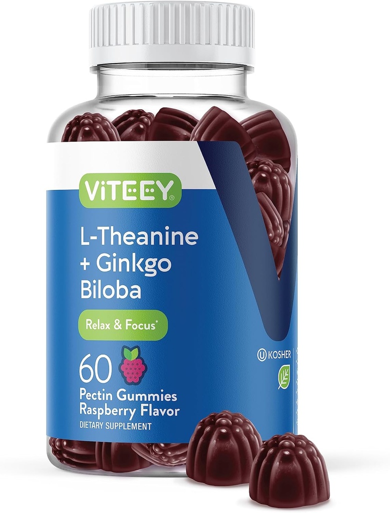 Viteey L-Theanine Gummies with Ginkgo Biloba for Adults - Aids in Focus & Relax, Better Mood - Μη ΓΤΟ, Ζελατίνη Δωρεάν, Vegan, Γλουτένη Χωρίς, Φυσικά πηγάζει Μασώμενη Βατόμουρο Γεύσεις Gummy