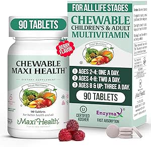 Maxi Health Chewable Multivitamin για παιδιά, εφήβους και ενήλικες - Cherry Chewable Vitamins για ενήλικες & παιδιά - Kosher Kids Multivitamin + Iron (90 δισκία)