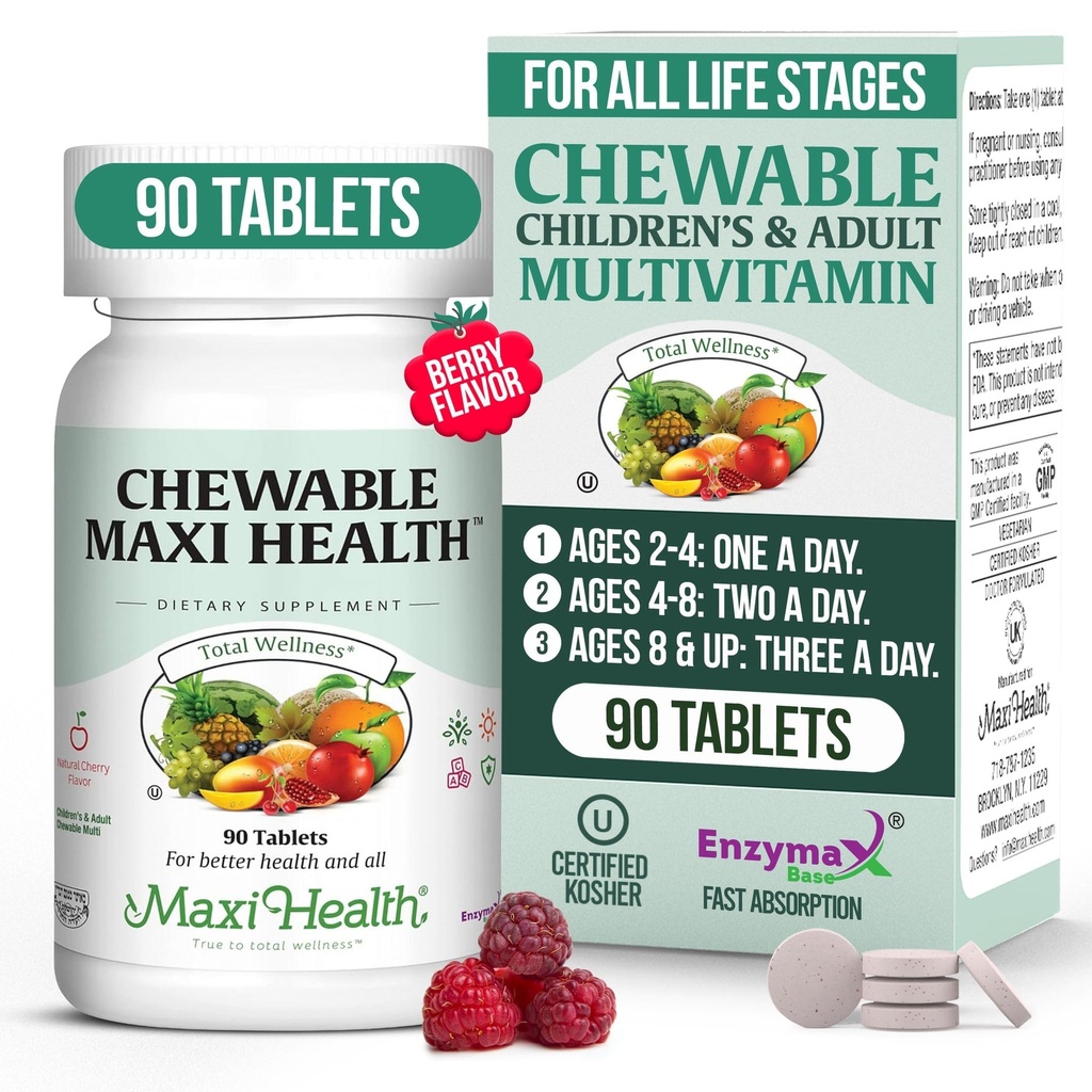 Maxi Health Chewable Multivitamin for Kids, Young and Yetişkinler - Cherry Chewable Vitamins for Yetişkinler & Çocuklar - Kosher Kids Multivitamin + Iron (90 Tablet)