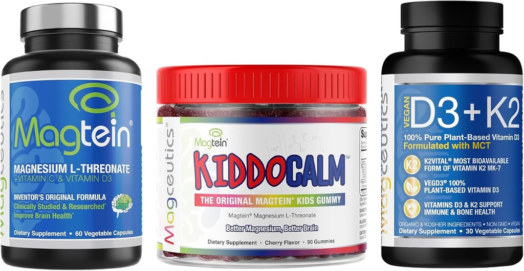 Magtein Magnezyum L-Threonate 60 Capsules, Magceutics KIDDOMCALMCAL Çocuklar için Gummies 90 Capsules, Vitamin D3 K2 ile MCT 30 Capsules - Grafik