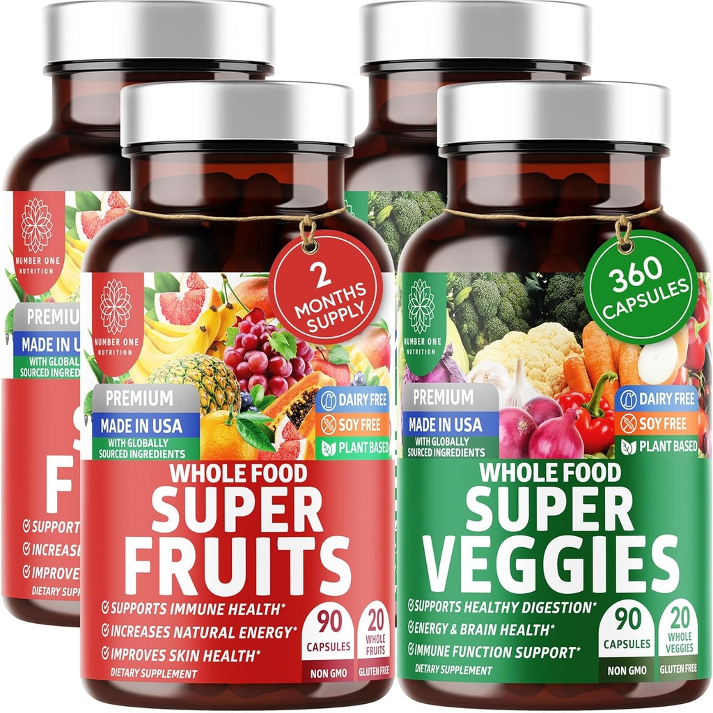 4-Pack N1N Premium Super Fruits & Veggies Supplement, 360 Caps, Whole Food & Natural Superfood for Women, Men & Kids - Συσκευασία με αλόη Βέρα, Βιταμίνες & Ορυκτά, Καλύτερη από Πολυβιταμίνες,100% Vegan