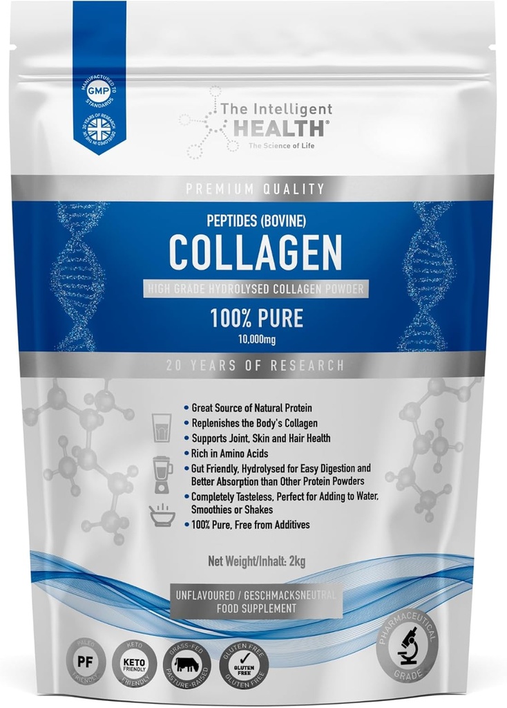 The Intelligent Health Hydrolyzed Collagen Peptides Powder, Grass Fed, High Protein, Unflavored, Gluten-free, Paleo & Keto Friendly, 10g ανά υπηρεσία (2kg) Υποστηρίζει το δέρμα, τα μαλλιά, τα νύχια, τους συνδέσμους, & οστά