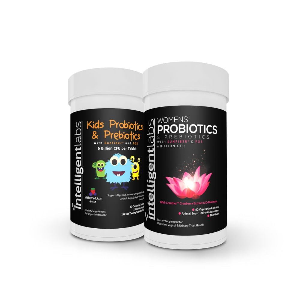 Intelligent Labs 2-in-1 Bundle of Kids’ Probiotics with Hydrolyzed Guar Gum and FOS + Women’s Probiotics (UTI Formula with Cranberry & D-Mannose), No Refrigeration Required, 2 Months Supply Per Bottle