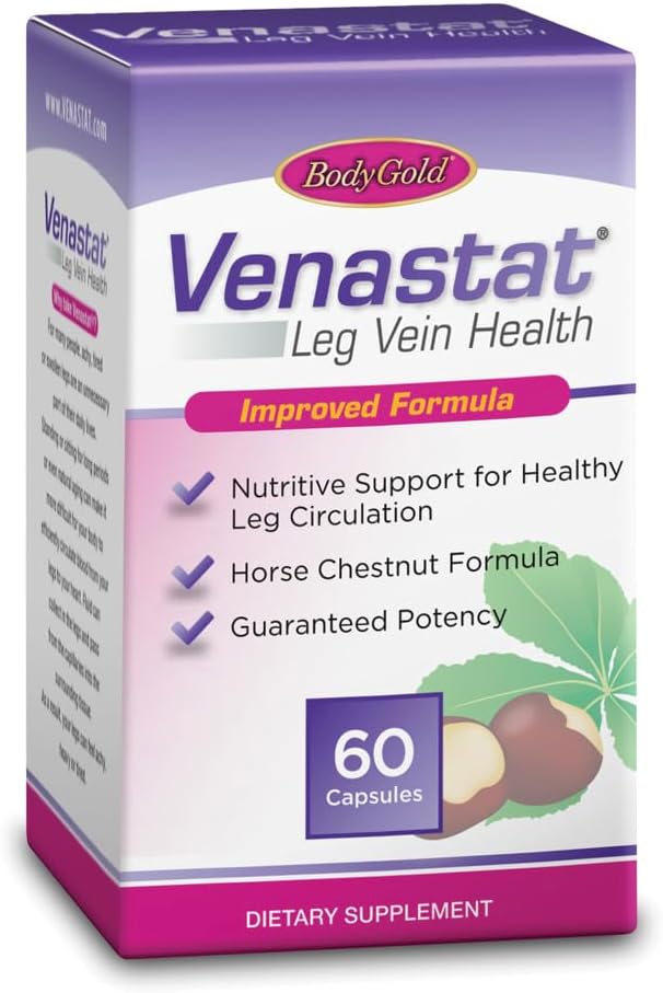 Body Gold Venastat - Leg Vein Support Supplements, Horse Chestnut Supplements, Herbal Circulatory Support with Diosmin for Men & Women, Healthy Blood Flow & Circulation - 60 Veggie Capsules