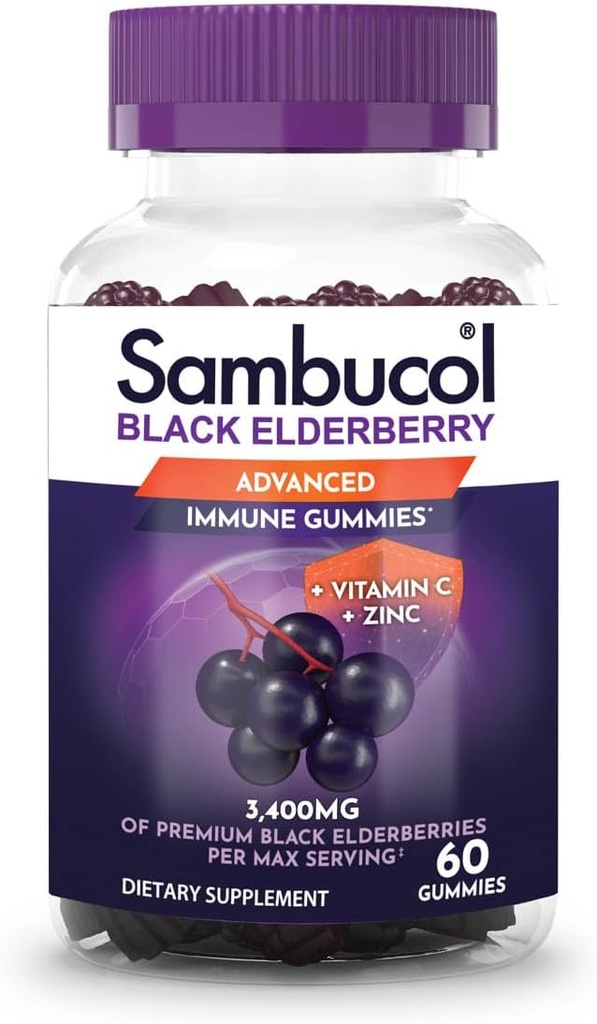 Sambucol Black Elderberry Gummies - Yetişkinler için çinko ve Vitamin C ile Yaşlılar, Sambucus Gummies, Immune Support - 60 Count