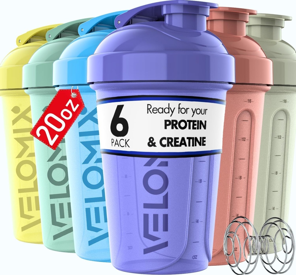 VELOMIX -6 PACK- 20 oz Protein Shaker Bottle for Protein Mixes - 6x Wire Whisk | Leak Proof Shaker Cups for Protein Shakes | Stackable Protein Shaker Bottle Pack | Dishwasher Safe (Pastel Shades)
