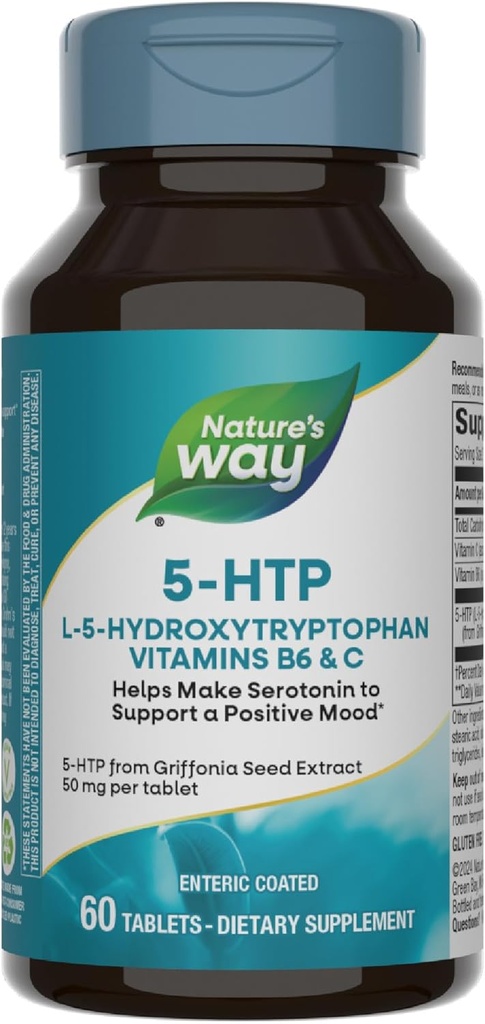 Nature's Way 5-HTP, L-5-Hydroxytryptophan, Serotonin'i Olumlu Bir Bakış*, Vitamin B6, C, Griffonia Bean Extract, 60 Tabletler (Pazarlama May Vary)