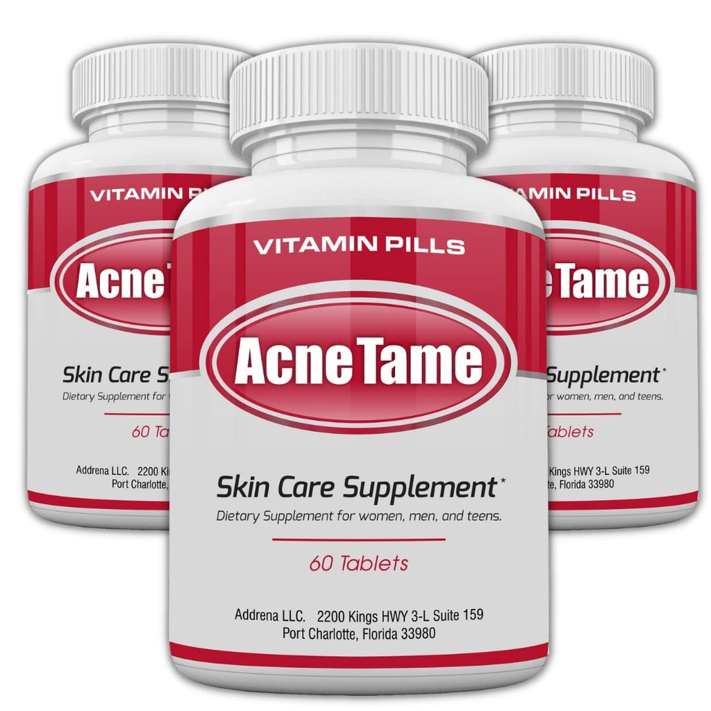 Acne Pills- Acne Tame 3 Pack Συμπλήρωμα- Διαυγές χάπι βιταμινών δέρματος για λιπαρή θεραπεία του δέρματος, ορμονικές κηλίδες, κηλίδες & κυστική ακμή Συμπληρώματα για γυναίκες, άνδρες, εφήβους και ενήλικες- 180 δισκία