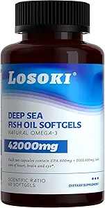 Losoki Deep Sea Fish Oil - 1000 mg EPA & DHA, Omega-3 Fatty Acids, Wild Caught Fish, Premium Burpless Softgel Supplements - 60 ctt