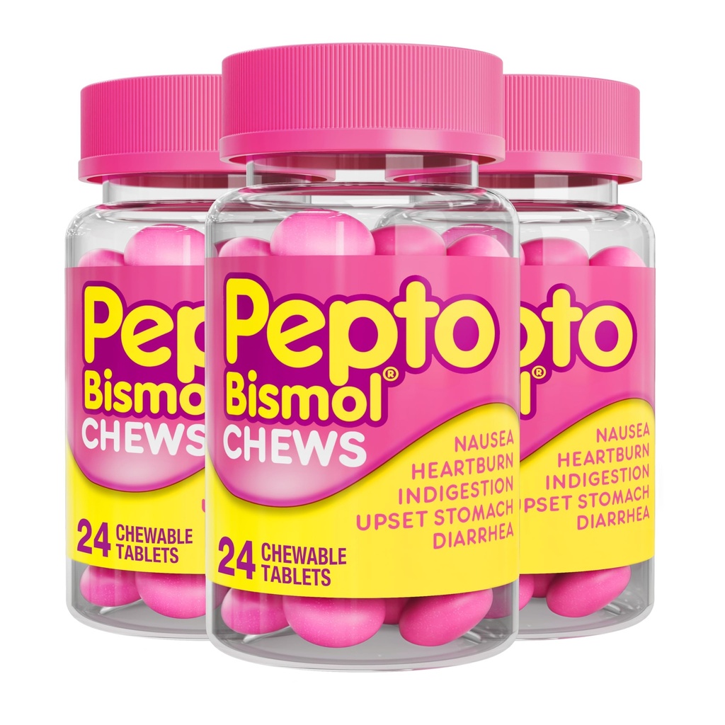 Pepto Bismol Chews, Nausea, Heartburn, Indigestion, Upset Stomach, Diarrhea, 72 Toplam (3 Paket)