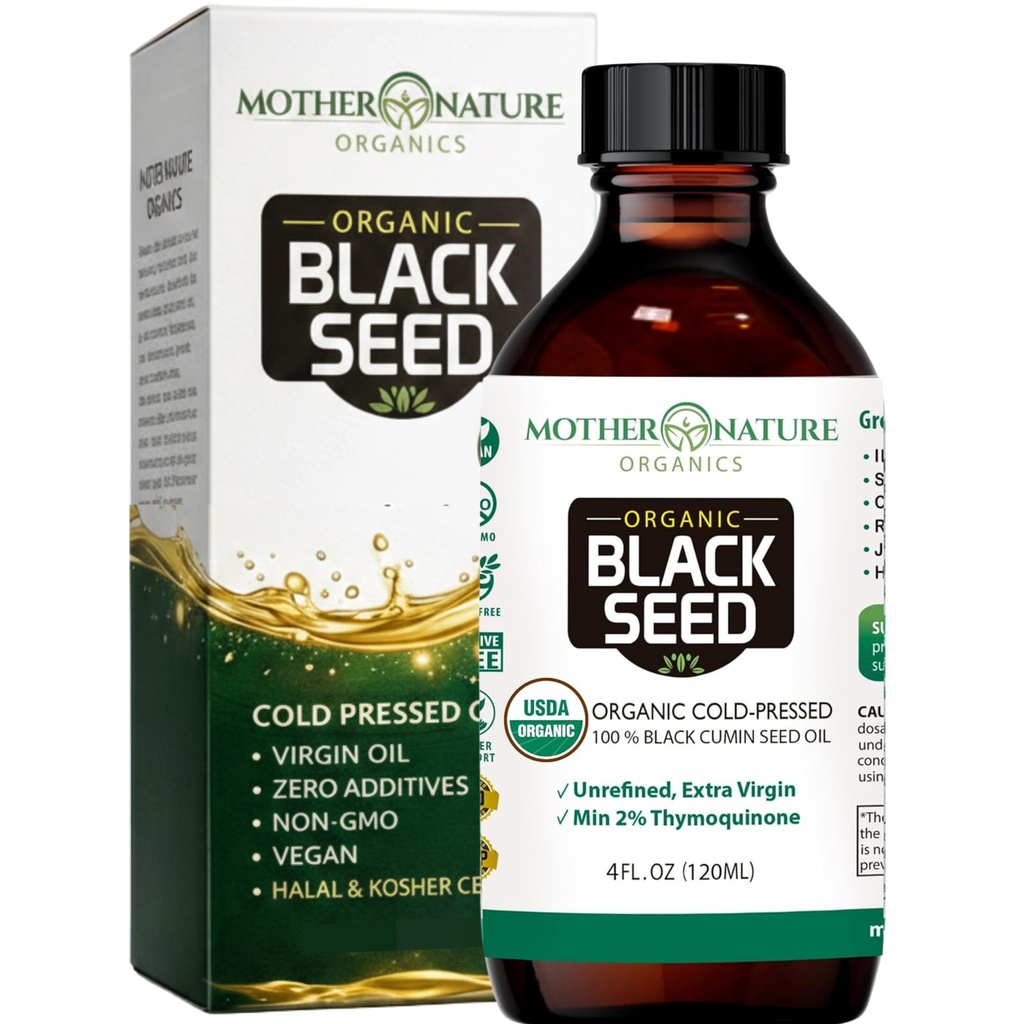 Mother Nature USDA Organic Black Seed Oil – Cold Pressed, Unrefined & Vegan Nigella Sativa, High Thymoquinone (2% +), Omega 3 6 9 Immune, Ortak & Heart Support, Saç & Skin, Non-GMO, 4oz