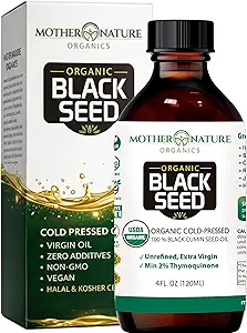 Mother Nature USDA Organic Black Seed Oil – Cold Pressed, Unrefined & Vegan Nigella Sativa, High Thymoquinone (2% +), Omega 3 6 9 Immune, Ortak & Heart Support, Saç & Skin, Non-GMO, 4oz