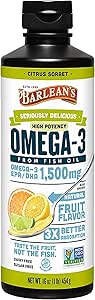 Barlean'ın Citrus Sorbet Yüksek Potency Omega 3 Fish Oil Liquid Supplement, 1500 mg of EPA & DHA Fatty Acid, Smoothie Flavored & Burpless for Brain, Joint, & Heart Health, 16 ozz