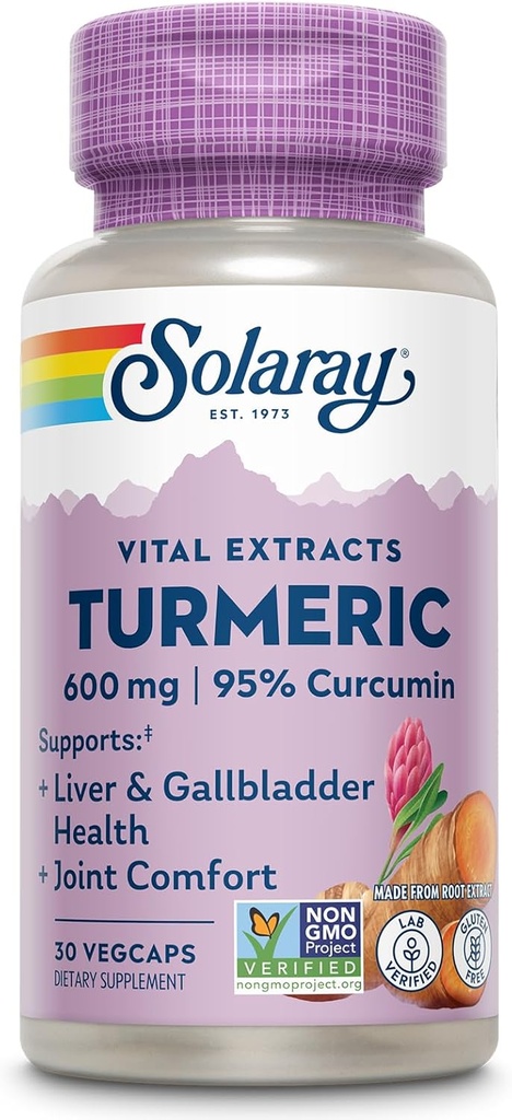 SOLARAY Turmeric Supplement 600 mg - Turmeric Root with 95 Curcumin - Ortak Destek Tamam - Ortak Sağlık, Gallbladder ve Liver Support, Non-GMO, Vegan, Gluten Free, 60-Day Garanti, 30 Hizmet