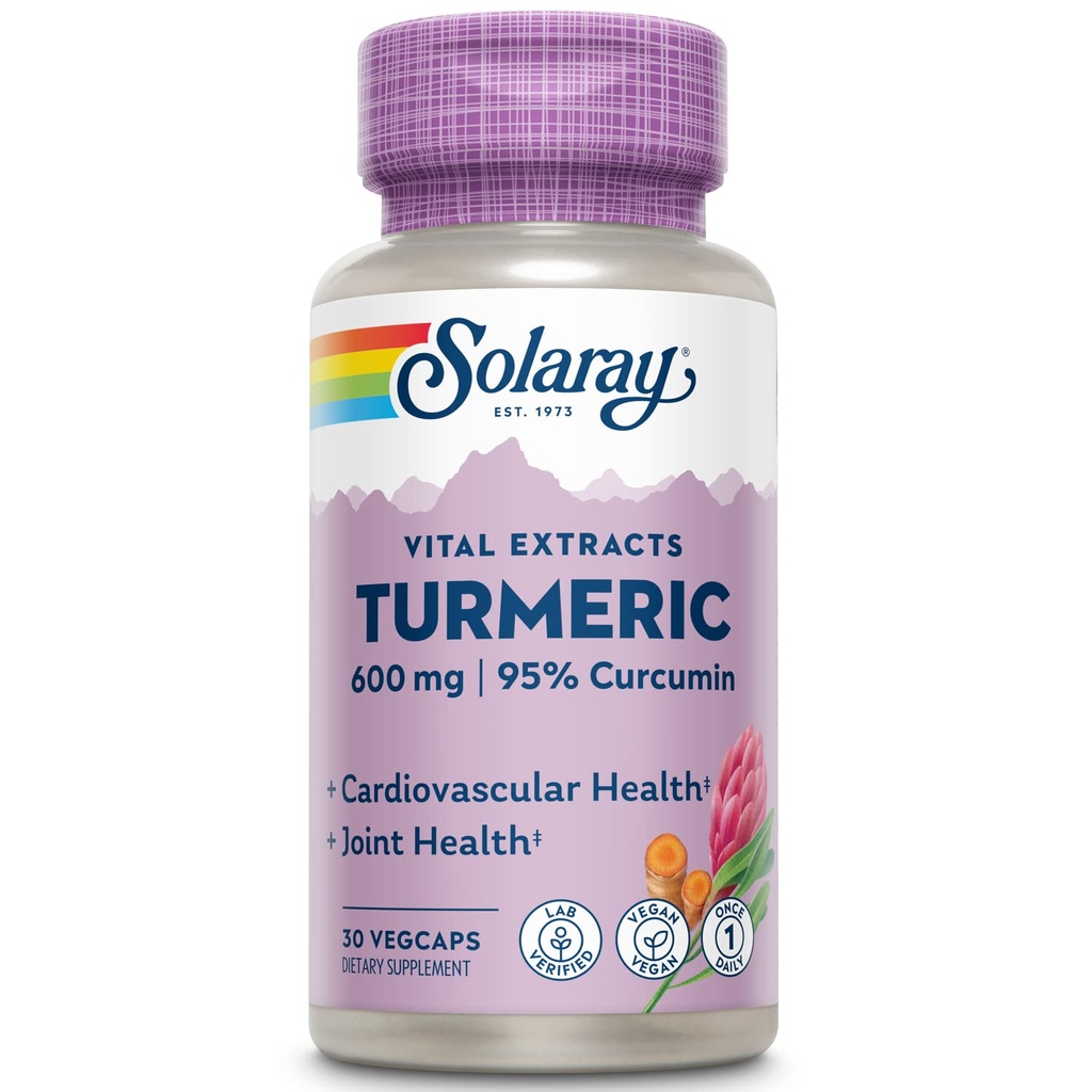 SOLARAY Turmeric Supplement 600 mg - Turmeric Root with 95 Curcumin - Ortak Destek Tamam - Ortak Sağlık, Gallbladder ve Liver Support, Non-GMO, Vegan, Gluten Free, 60-Day Garanti, 30 Hizmet