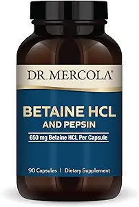 Dr. Mercola Betaine HCL & Pepsin - pH Dengesi için Kalıcı Destek Desteği - Aids Mineral & Nutrient Abors - Digestive Aid - Non-GMO, Gluten-Free & Soy-Free - 90 Capsules (30 hizmet)