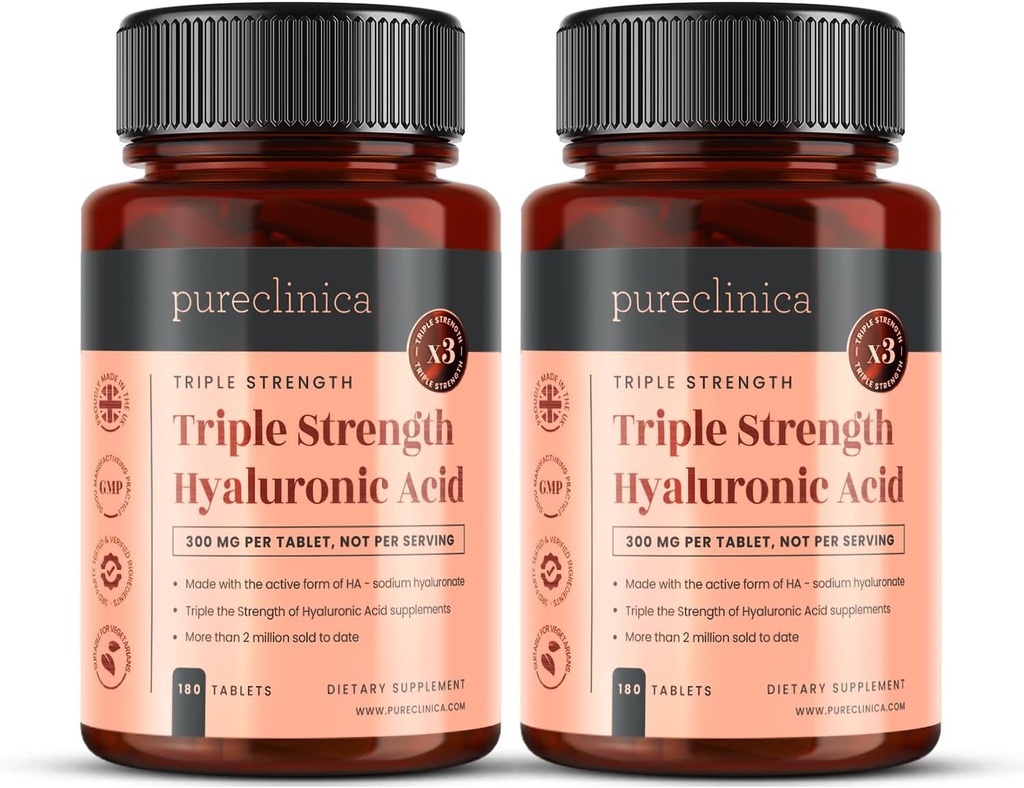 Pureclinica Υαλουρονικό Οξύ 300mg x 360 Δισκία (2 Φιάλες 180-12 Μήνες Προμήθεια). Τριπλή Δύναμη Υαλουρονικό οξύ. 300% ισχυρότερο από οποιοδήποτε άλλο δισκίο HLA.