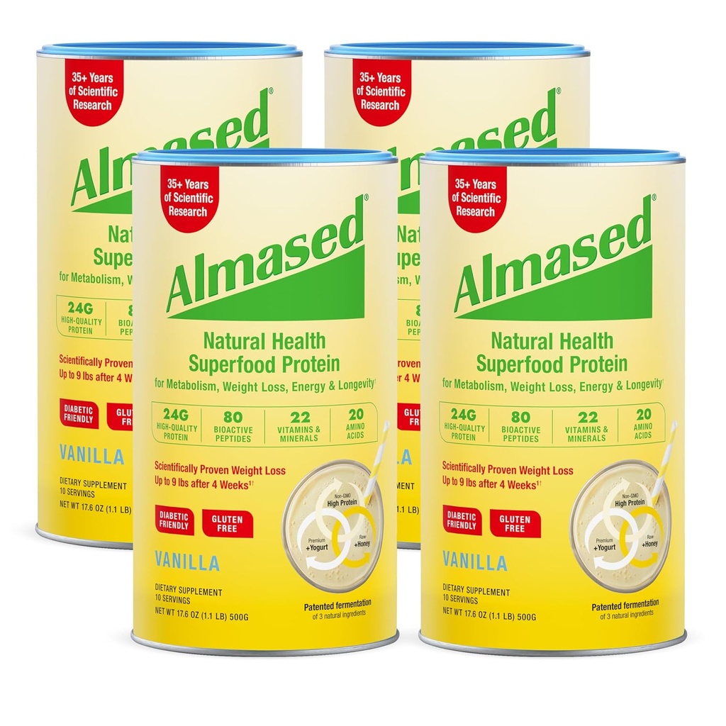 Almased Vanilla Meal Change Shake - Low-Glycemic High Plant Base Protein Toz- Beslenmesel Kilo Sağlığı Desteği Tamam - Vanilla Flavor - 17.6 oz (1.1 Pound (4 Pack)