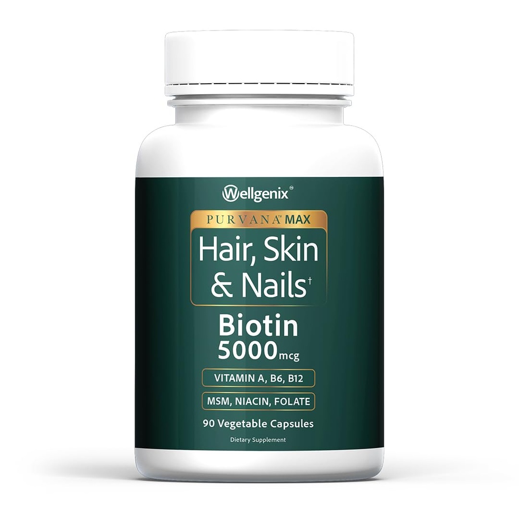 Wellgenix Purvana Max Saç, Skin & Nails Vitamini: Gelişen Saç Büyümesi için Biotin 5000mcg, Kadınlar ve Erkekler için Saç Kaybı, Vegan, Post Partum & Ps için ideal, 90 Count, 1 Paket