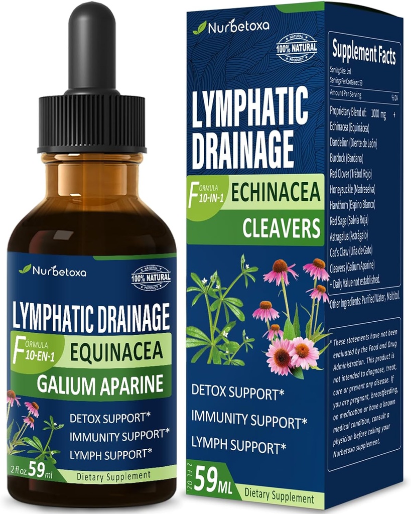 Cleavers Lymphatic Drainage Drops for Lymph System Detox Cleanse, Lymphedema Support Supplement Formula w/Echinacea, Cat's Claw, Red Clover Extract Tincture, Use with Lymph Massage Tool. 2oz