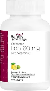 Bariatrik Avantajı Yükselebilir Demir 60 mg, A Vitamin C ile Genişleme ve Utilizasyon için, Gastrik Bypass ve Kol Gaztrektomi Cerrahi Hastaları için Kolaylık - Limon Lime, 90 Count