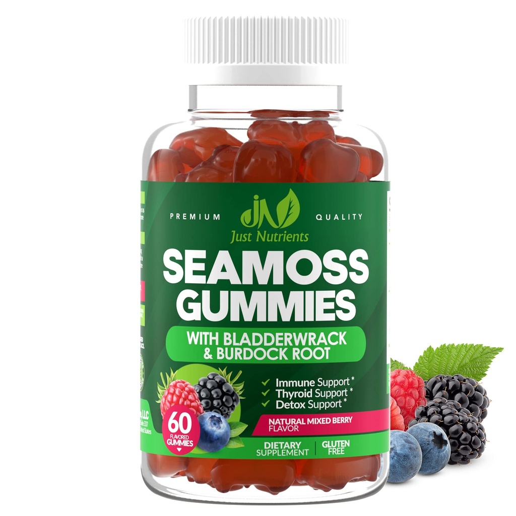 Sea Moss 3000mg Gummies with Bladderwrack and Burdock Root - Φυσικό Ιρλανδικό Θαλασσινό Moss για ανοσοποιητικό, Θυρεοειδές και Detox Υποστήριξη - Επιπλέον δύναμη, Μεγάλη γεύση - Χωρίς γλουτένη, Vegan - 60 Gummies