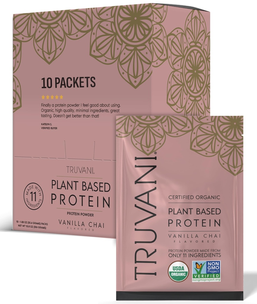 Truvani Vegan Pea Protein Toz | Vanilla Chai | 20g Organik Bitki Temel Protein | Tek Hizmet Seyahat Paketleri | 10 Hizmet | Keto | Gluten & Dairy Free | Low Carb | No Ek Olmayan Şeker