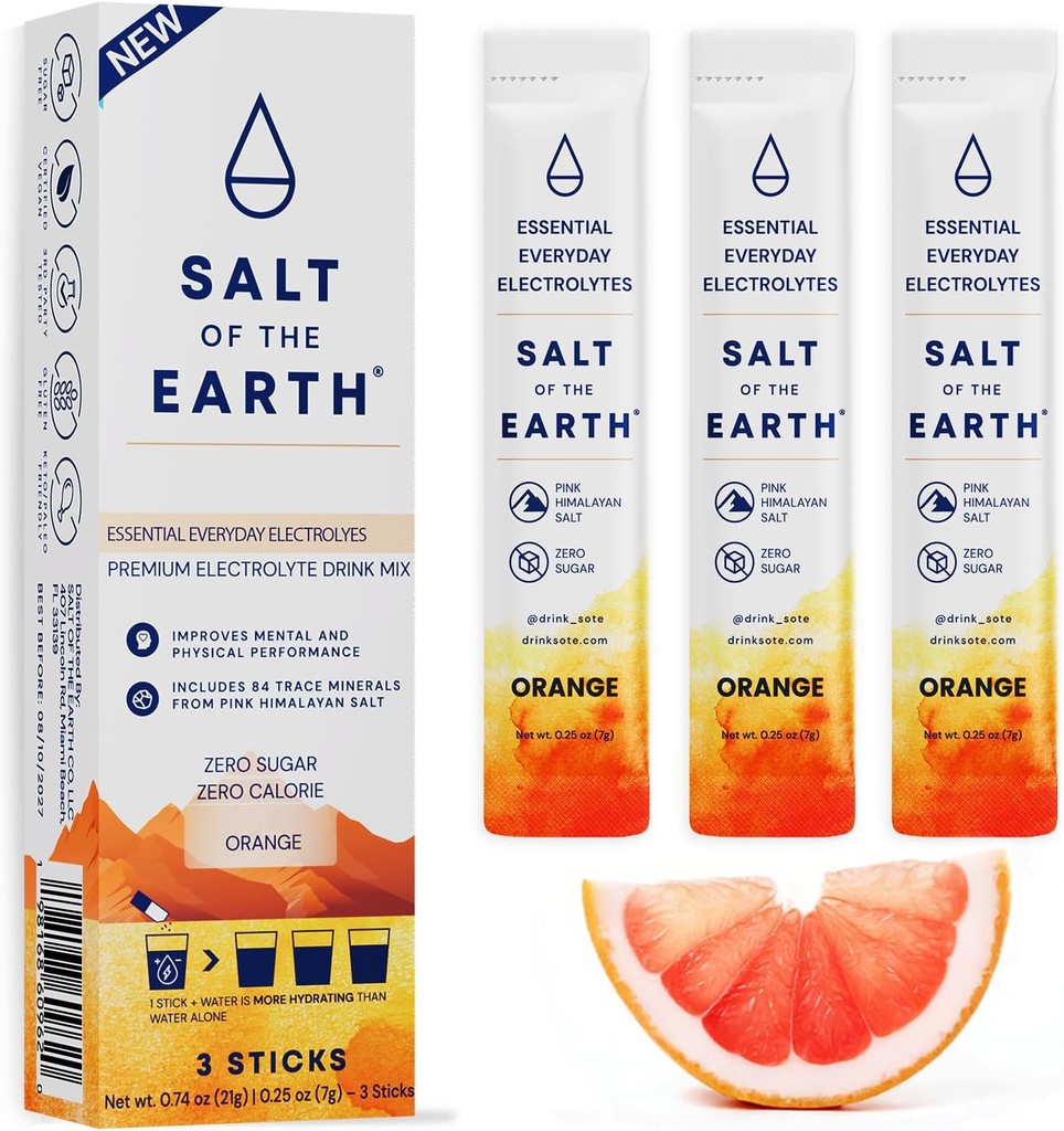 Dünya Premium Zero-Sugar Electrolyte - Pink Himalaya Salt ile yapılır - Hydration Toz Paketleri | Premium Malzemeler | Keto & Paleo Friendly | 3 Sticks, Orange