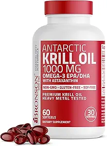 Bronson Antarktika Krill Oil 1000 mg with Omega-3s EPA, DHA, Astaxanthin ve Phospholipids 60 Softgels