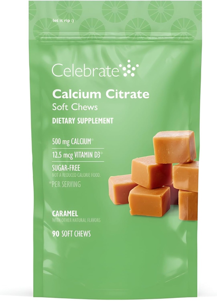 Vitamin Bariatric 500 mguba Citrate Soft Chews with 500 IU Vitamin D3 – Gastrik Bypass Hastaları ve Bone Health - Sugar & Gluten Free, Caramel (90 Chews)