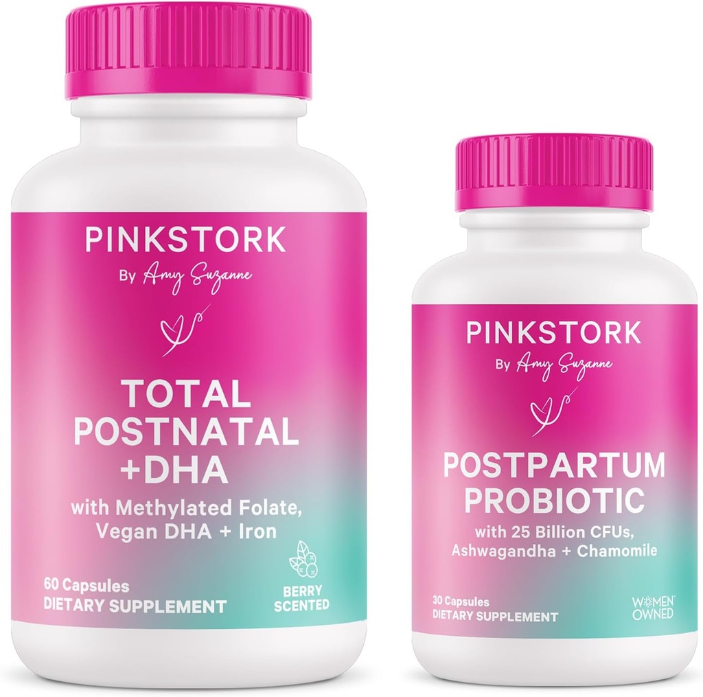 Pink Stork Postnatal Multivitamin + Probiyotiks with Vegan DHA, Ashwagandha, Iron, Folate, B12 - Supports Hormon Balance, Postpartum Recovery, Gut Health, & Digestion - Pack of 2
