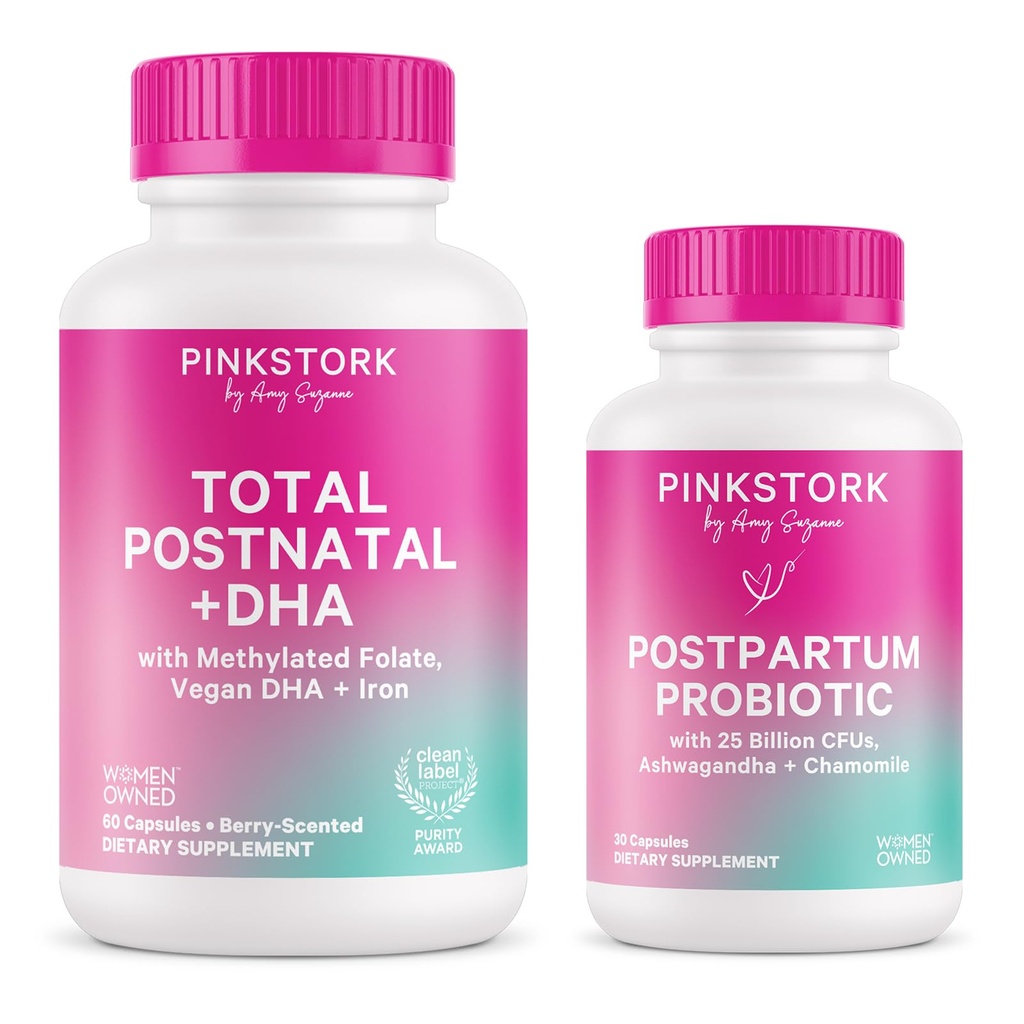 Pink Stork Postnatal Multivitamin + Probiyotiks with Vegan DHA, Ashwagandha, Iron, Folate, B12 - Supports Hormon Balance, Postpartum Recovery, Gut Health, & Digestion - Pack of 2