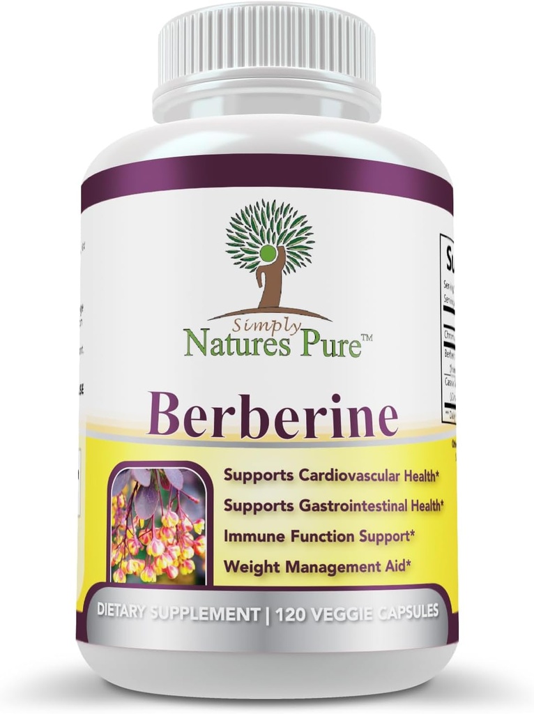 Basitçe Natures Pure Premium Berberine HCl 500 mg - 120 Capsules - Cardiovascular Gastrointestinal Immune Support - Kromium Cinnamon