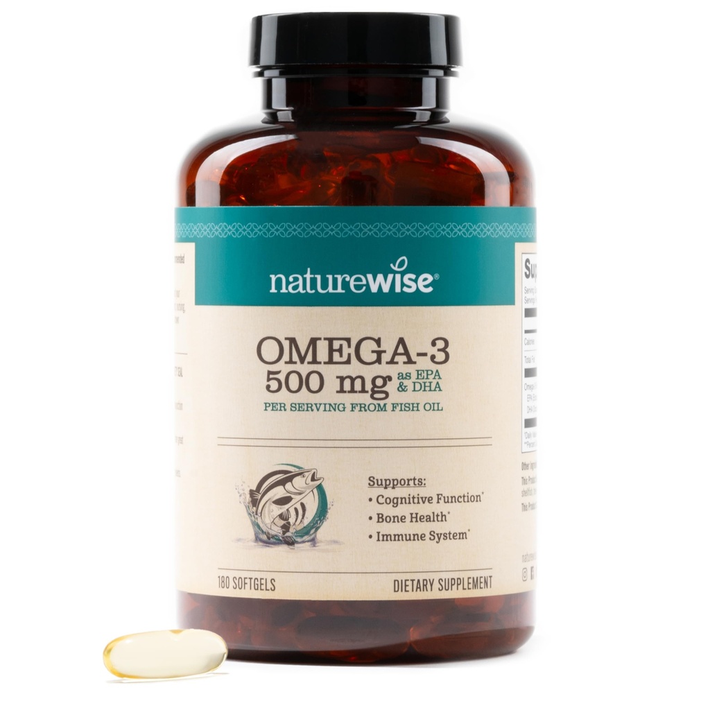 NatureWise Omega 3 Fish Oil - Pill için 500 mg - EPA & DHA - Immune Support, Brain Health & Optimal Wellness - Gluten and Soy Free, Non-GMO - 180 Softgels[6-Month Supply]
