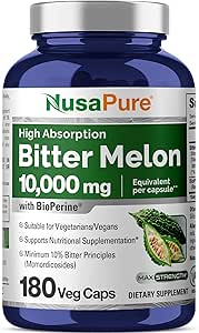 NusaPure Bitter Melon Extract 10.000 mg 180 Vegan Caps (% 100 Vegetarian, Non-GMO, Gluten-Free, 10% Bitter Principles) Bioperine
