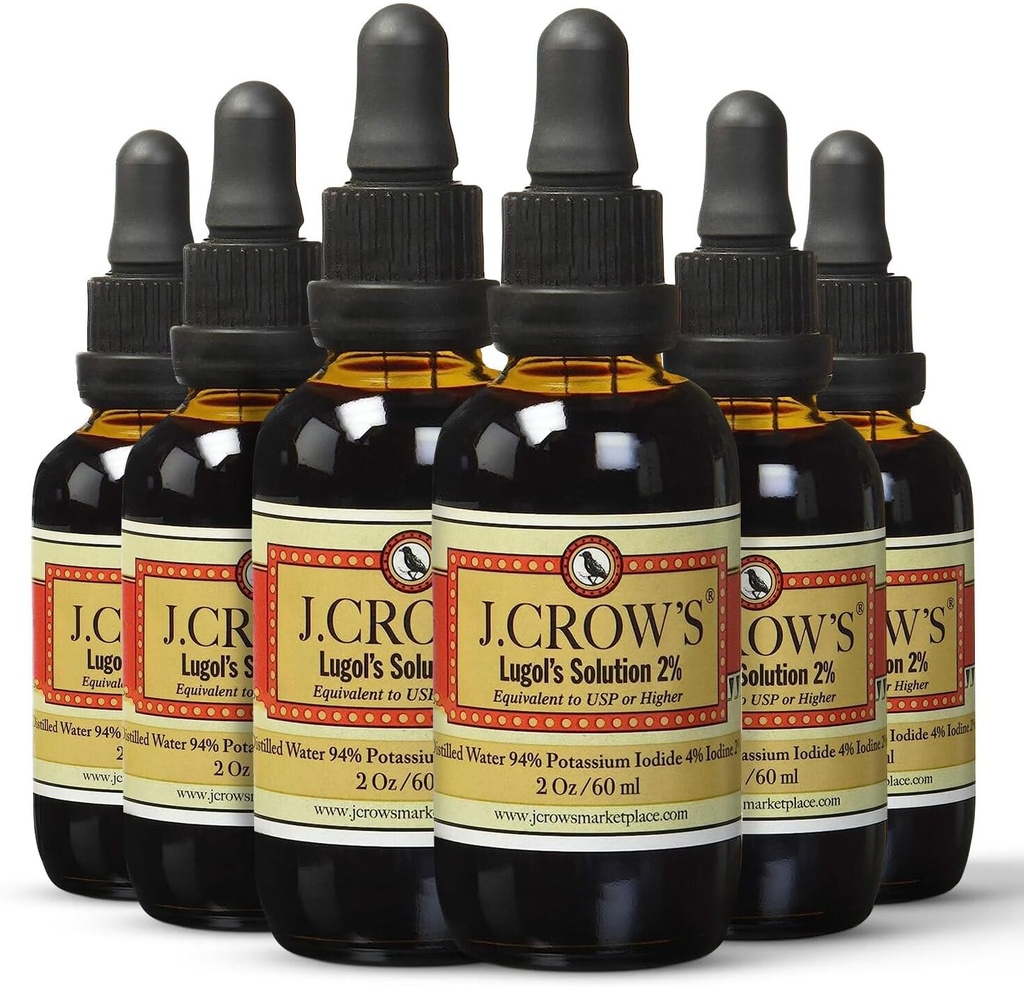 J.CROW'S® Lugol's Solution of Iodine 2% 2 oz (6 μπουκάλια) – Premium ιωδιούχο, γλουτένη και, εκχύλισμα αιθάλης χωρίς αλκοόλη, Χωρίς Λήξη