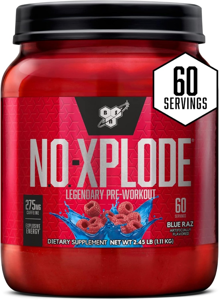 BSN N.O.-XPLODE Pre Workout Toz, Blood Supplement for Men and Women with Kretine and Beta-Alanine, Flavor: Blue Raz, 60 Hizmetler