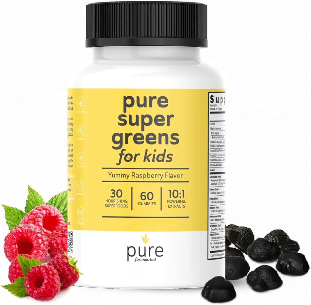 Super Greens Multivitamin Gummies για ενήλικες & παιδιά Ανοσοποιητική Υποστήριξη & Πεθητική Υγεία - Καθημερινή Fiber Probiotic συμπλήρωμα φρούτων & λαχανικών Chewable Gummy - Raspberry Flavor - 60-Day Supply
