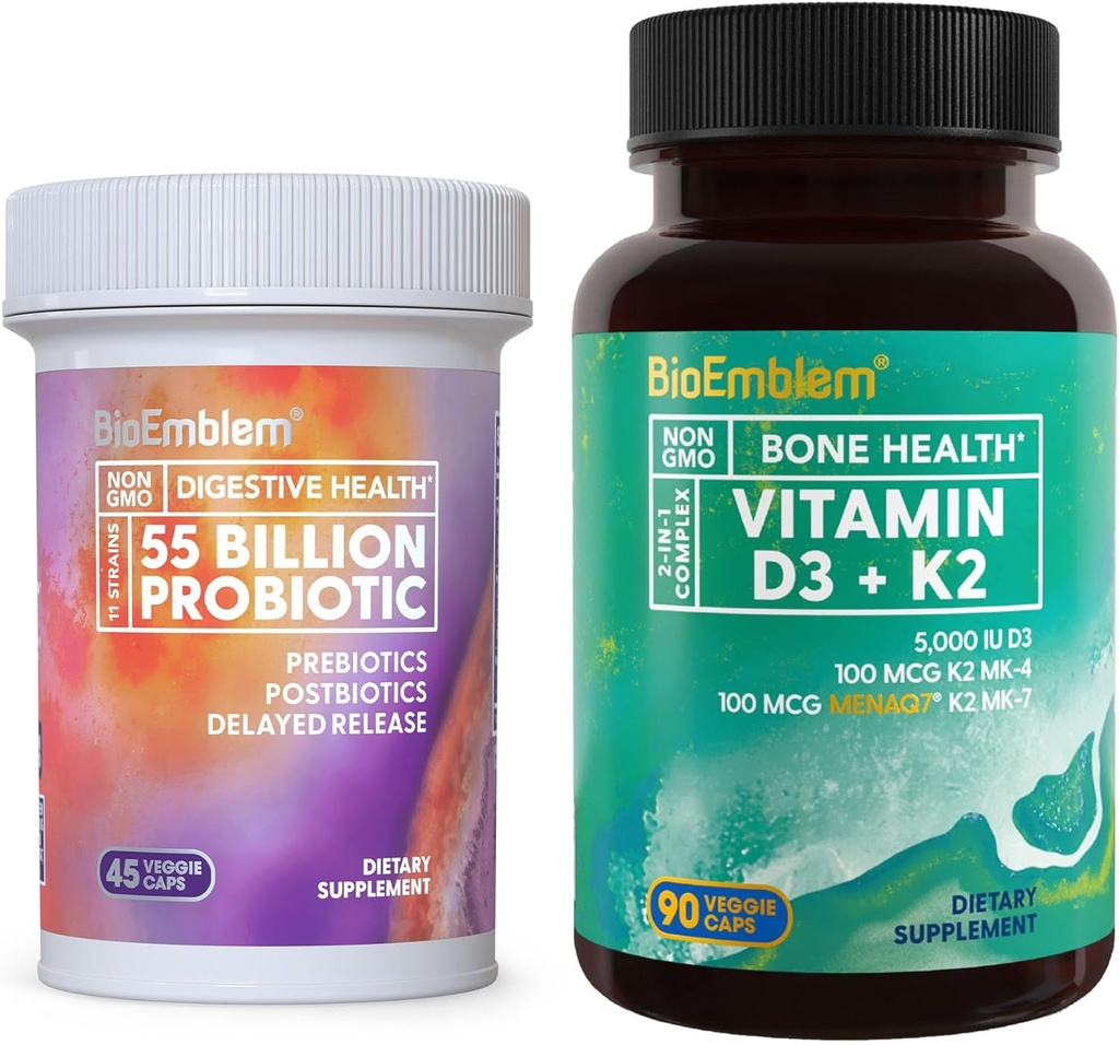 BioEmblem Vitamin D3 K2 (5000IU ve 200mcg) & Kadınlar ve Erkekler için Probiyotikler