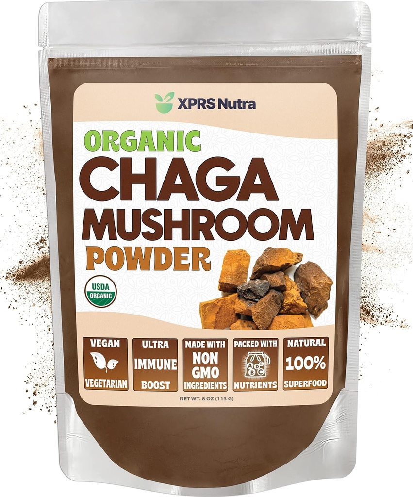 XPRS Nutra Organik Chaga Mushroom Toz - Premium USDA Organik Chaga Mushrooms Toz - Chaga Toz Destekleri Immune Health - Vegan Dostu Superfood for Chaga Tea and Beverages (8 oz)